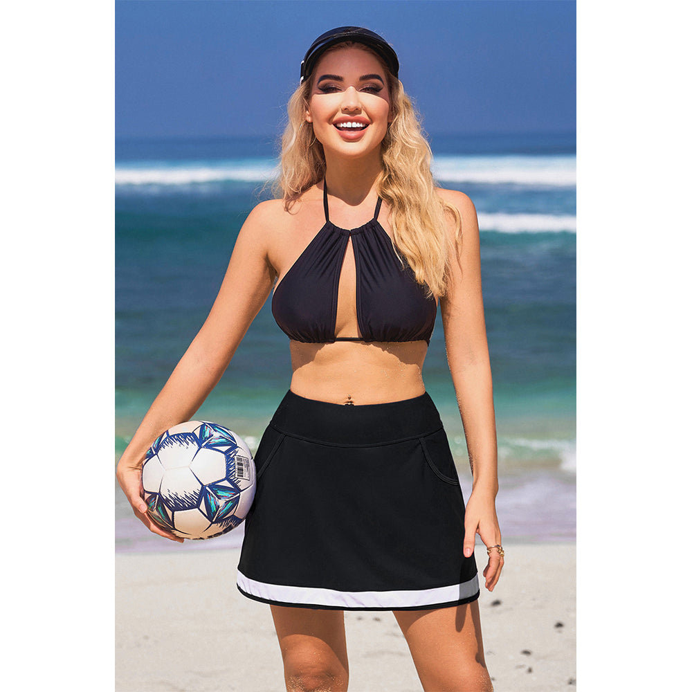 Charmo Women's High Waisted Swim Skirt with Side Pockets Contrast Trim and Built-in Briefs