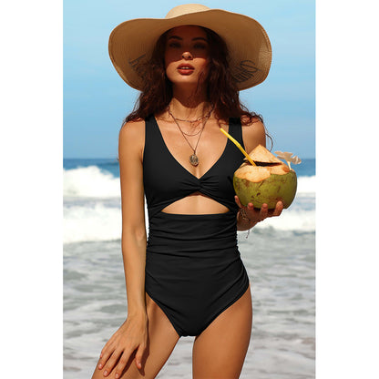 Charmo Women's Twist Front Cutout Cutout Design Ruched One-Piece Swimsuit with Adjustable Straps & Open Back Bathing Suit