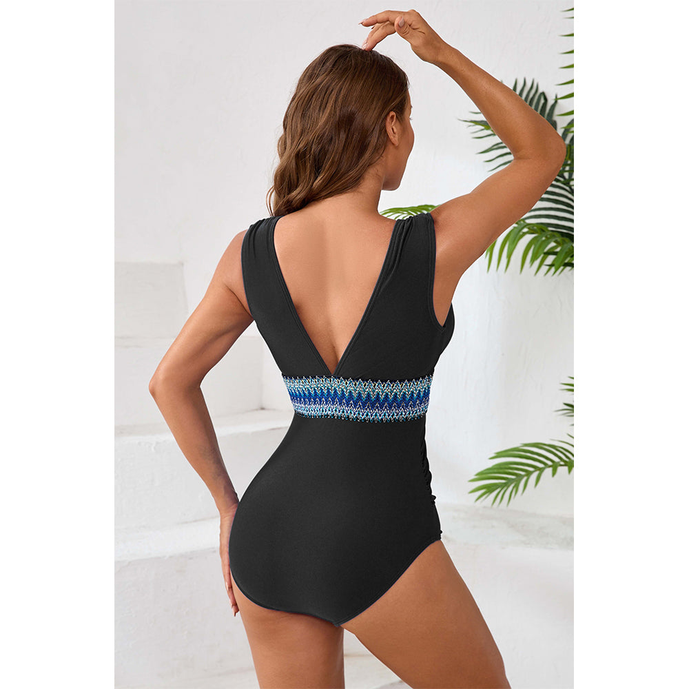 Charmo Women's Ruched V Neck Wide Strap One Piece Swimsuit with Wide Strap Tummy Control Bathing Suit