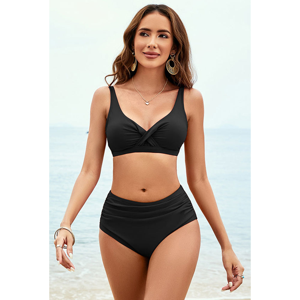 Charmo Women's Twist Front V Neck High Waisted Ruched Bikini Set with Adjustable Straps & Secure Back Closure
