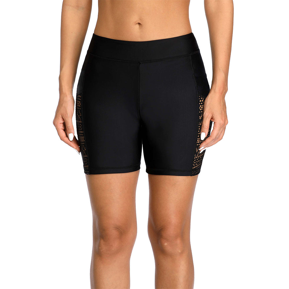 Charmo Women's High Waisted Swim Shorts with Side Lace Mesh Panels Swim Bottoms