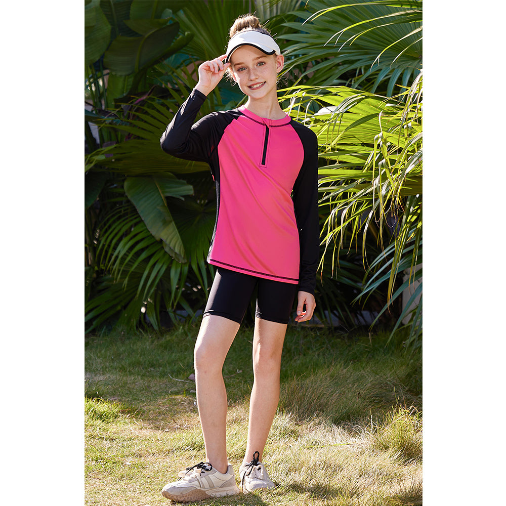 Charmo Rash Guard for Girls UPF 50+ UV Protection Swim Shirt Zip Up Long Sleeve Swim Top Athletic Shirts 7-16 Years