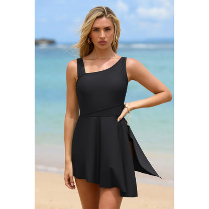 Charmo Women's Asymmetrical Shoulder One Piece Skirted Swimsuit with Side Slit & Built-In Brief Swimming Dress