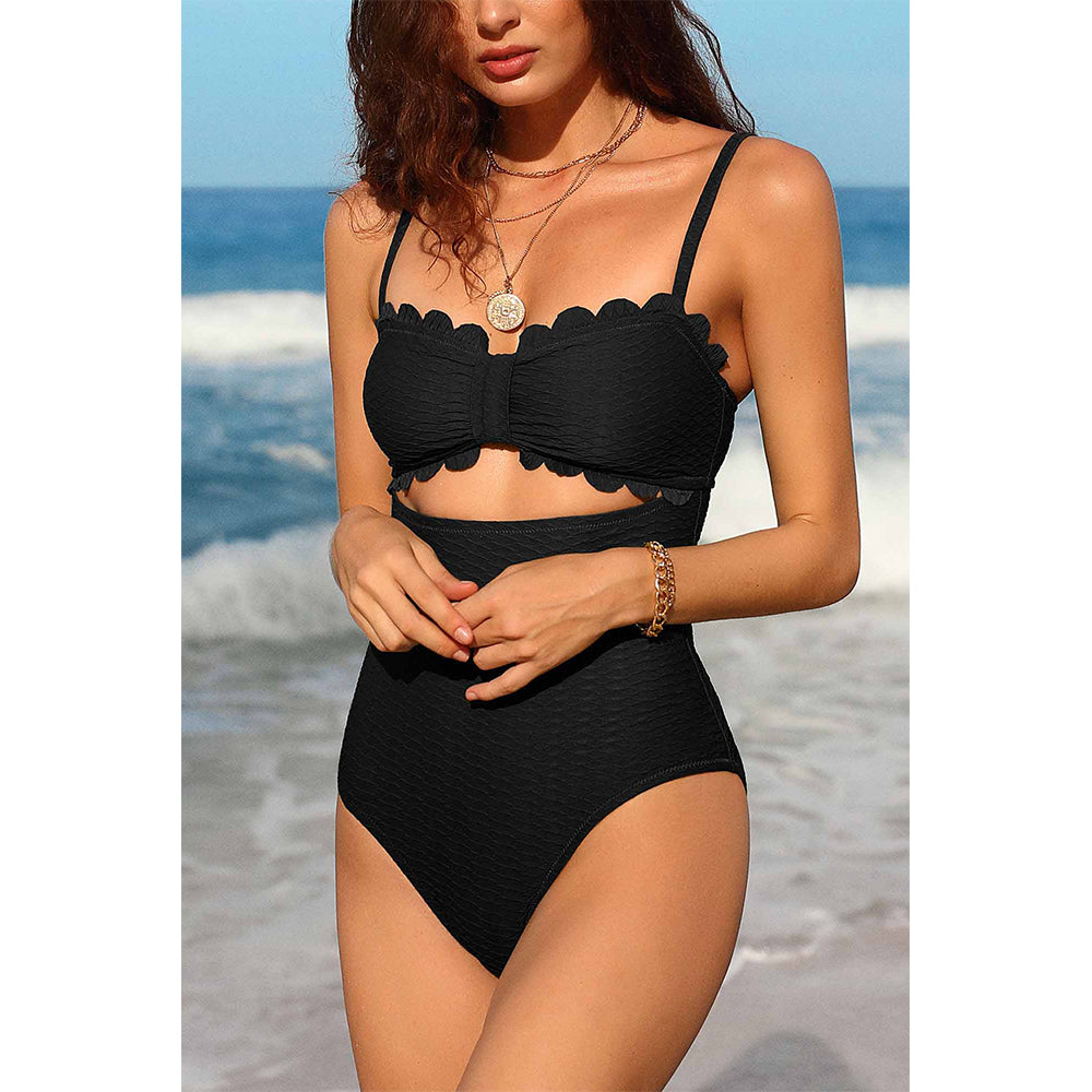Charmo Women's Scalloped Trim Bow Front Cutout Textured Open Back One Piece Swimsuit