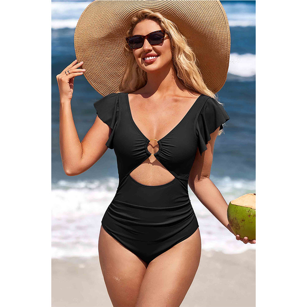 Charmo Women's Ruffled Sleeves Bust Ring Accent Figure-Flattering Cutouts One Piece Swimsuit