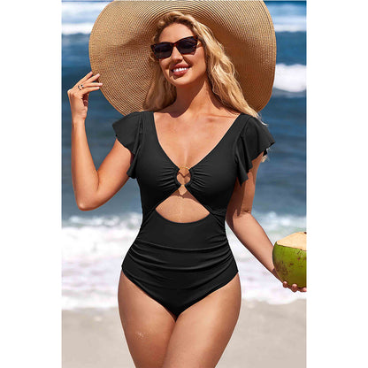 Charmo Women's Ruffled Sleeves Bust Ring Accent Figure-Flattering Cutouts One Piece Swimsuit