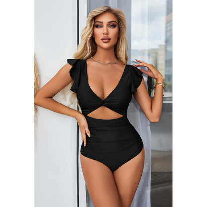 Charmo Women's Ruffled Sleeve Twist Front Cutout One Piece Swimsuit Tummy Control Bathing Suit