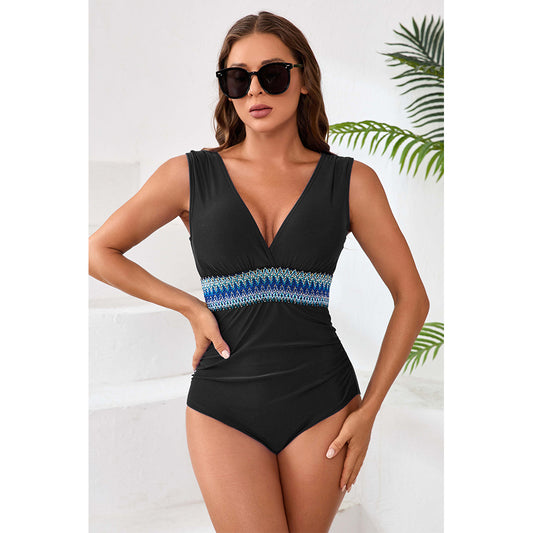 Charmo Women's Ruched V Neck Wide Strap One Piece Swimsuit with Wide Strap Tummy Control Bathing Suit