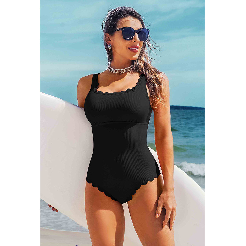 Charmo Women's Scalloped Edge One-Piece Swimsuit Adjustable Straps & Open Back Bathing Suit