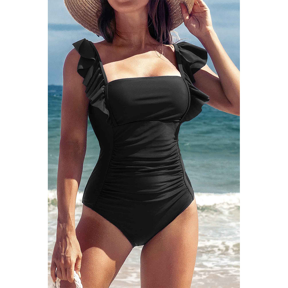 Charmo Women's Ruffle Strap Square Neck Ruched Open Back Tie One Piece Swimsuit