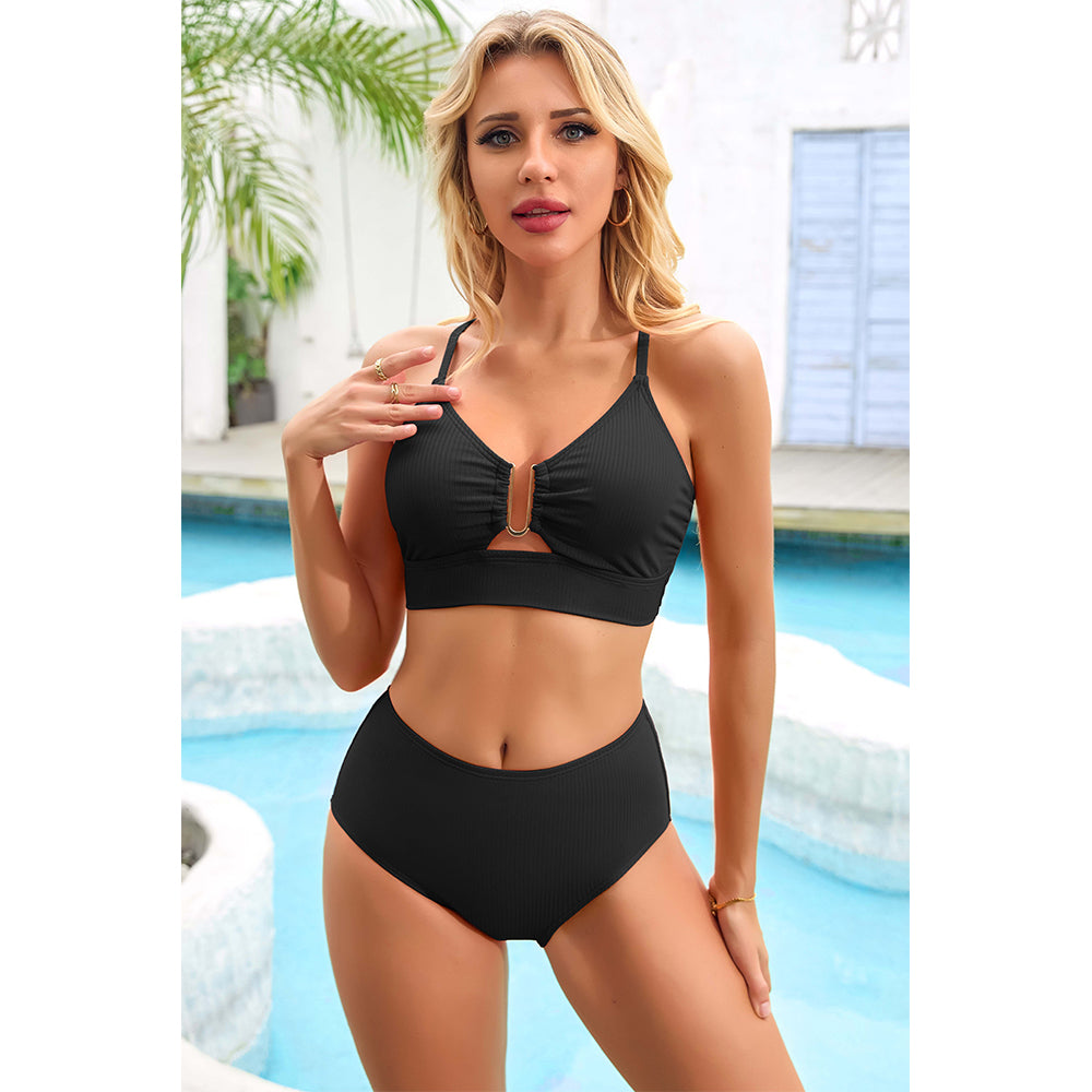 Charmo Women's Ribbed U-bar Cutout High Waisted Two Piece Bikini Set