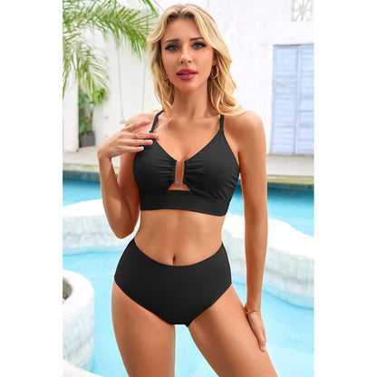 Charmo Women's Ribbed U-bar Cutout High Waisted Two Piece Bikini Set