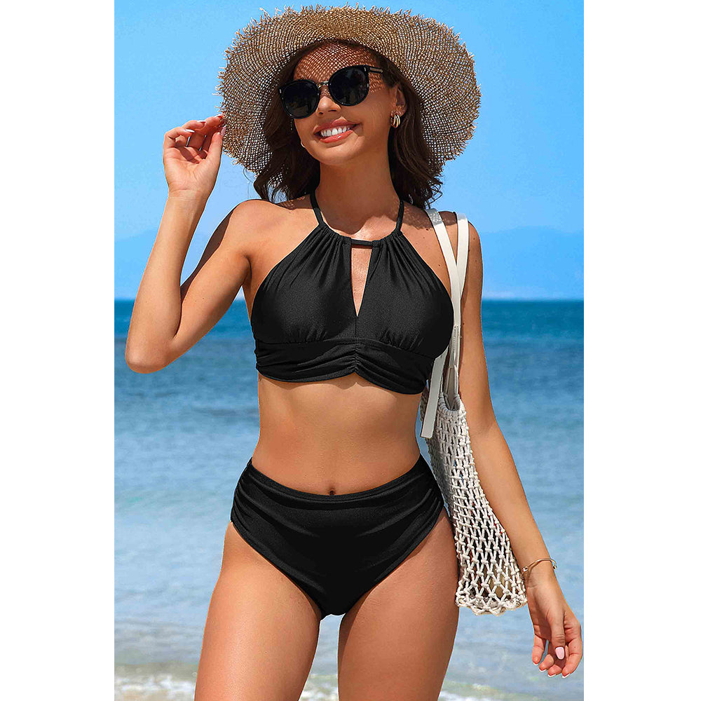 Charmo Women's Halter Keyhole Ruched High Waisted Two Piece Bikini Set