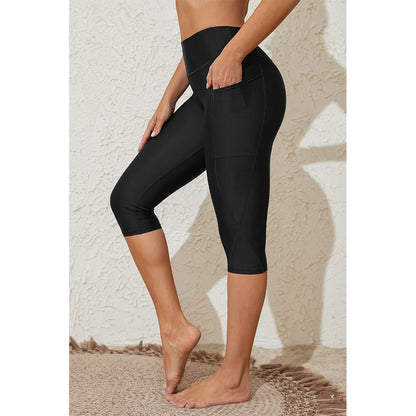 Charmo Women's High Waisted Capri Swim Leggings with Two Side Pockets Swim Shorts Swimming Leggings