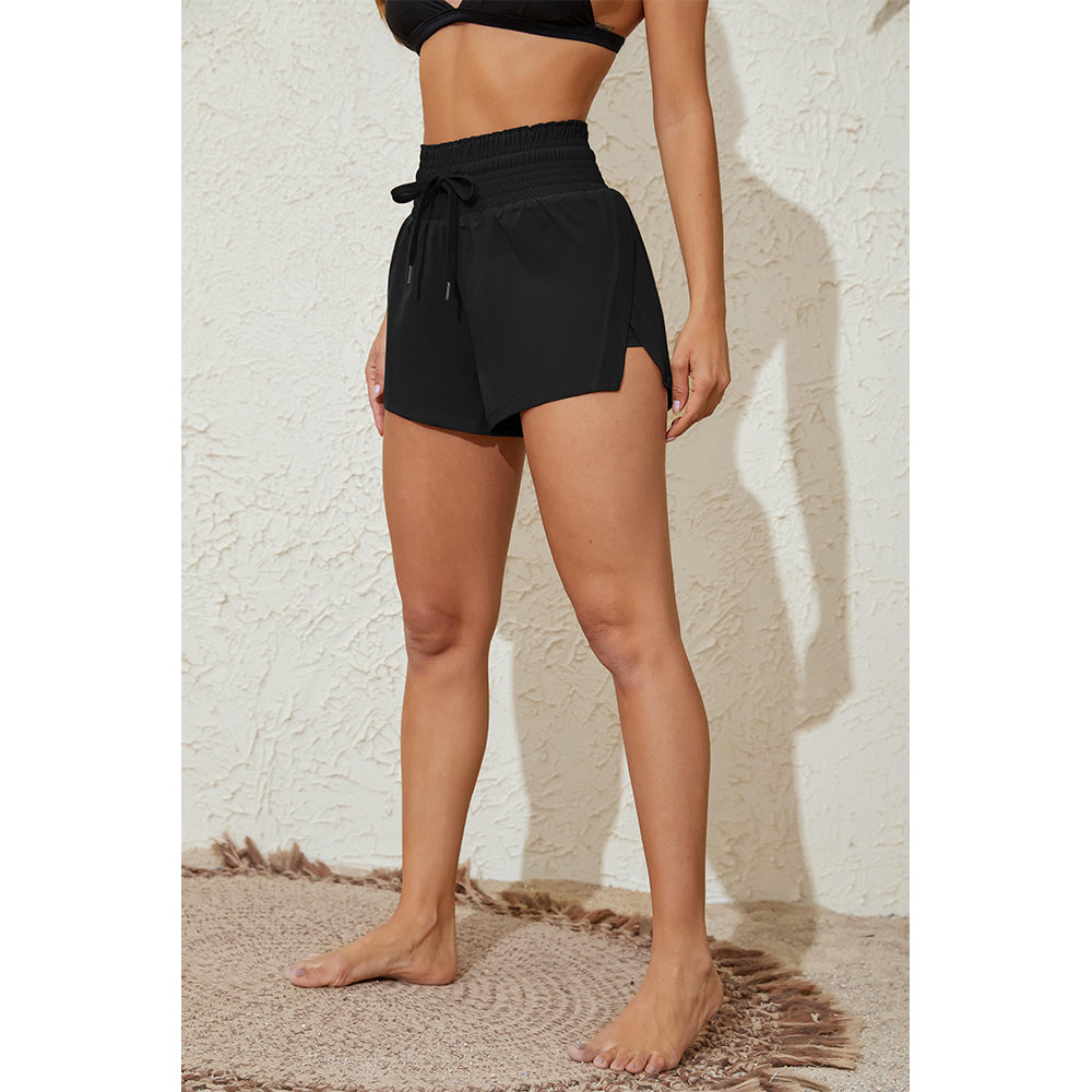 Charmo Women's High Waisted Smocked Drawstring Swim Shorts with Side Pockets Split Hem and Built-in Briefs Board Shorts