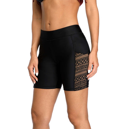 Charmo Women's High Waisted Swim Shorts with Side Lace Mesh Panels Swim Bottoms