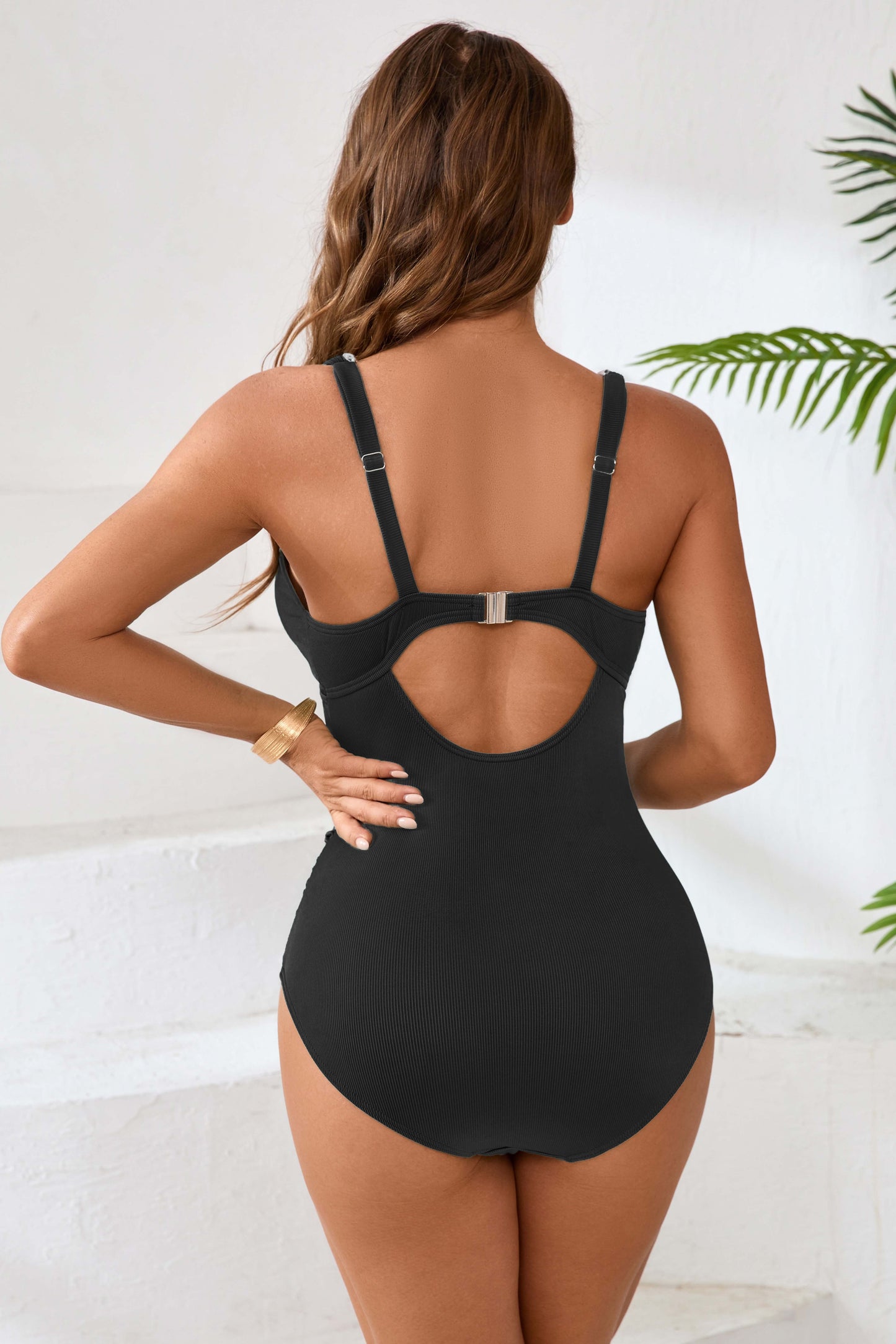 Charmo Women's Ribbed Trim Accents V Neck One Piece Swimsuit Cutout Back & Adjustable Straps Bathing Suit