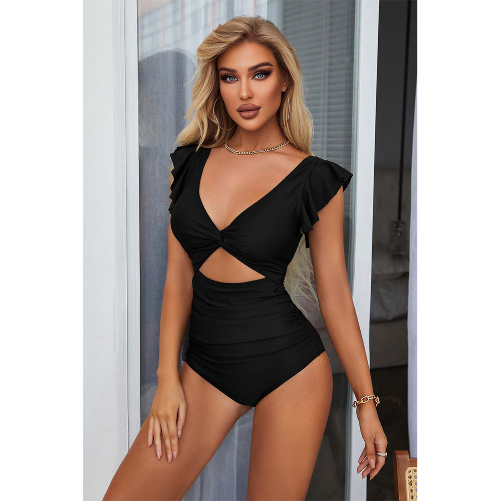 Charmo Women's Ruffled Sleeve Twist Front Cutout One Piece Swimsuit Tummy Control Bathing Suit