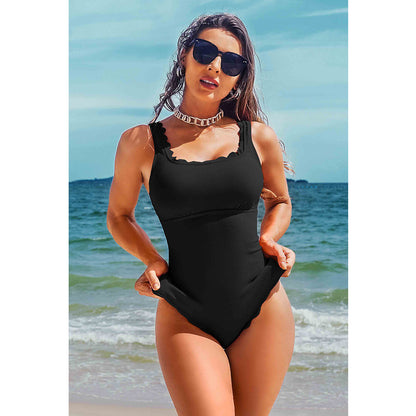 Charmo Women's Scalloped Edge One-Piece Swimsuit Adjustable Straps & Open Back Bathing Suit