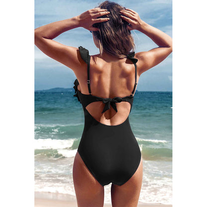 Charmo Women's Ruffle Strap Square Neck Ruched Open Back Tie One Piece Swimsuit