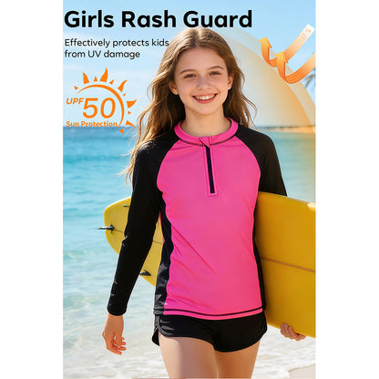 Charmo Rash Guard for Girls UPF 50+ UV Protection Swim Shirt Zip Up Long Sleeve Swim Top Athletic Shirts 7-16 Years