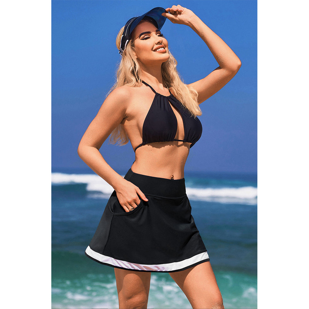 Charmo Women's High Waisted Swim Skirt with Side Pockets Contrast Trim and Built-in Briefs