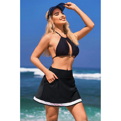 Charmo Women's High Waisted Swim Skirt with Side Pockets Contrast Trim and Built-in Briefs