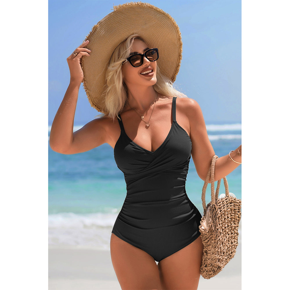 Charmo Women's Cross-Front Ruched One-Piece Swimsuit Back Cutout & Adjustable Clasp Tummy Control Bathing Suit
