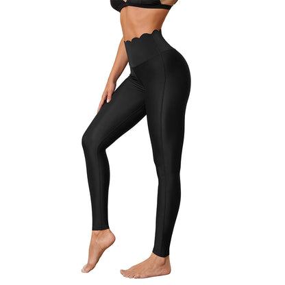 Charmo Women's High Waisted Scalloped Edge Swim Leggings with Full Length Coverage Swim Pants