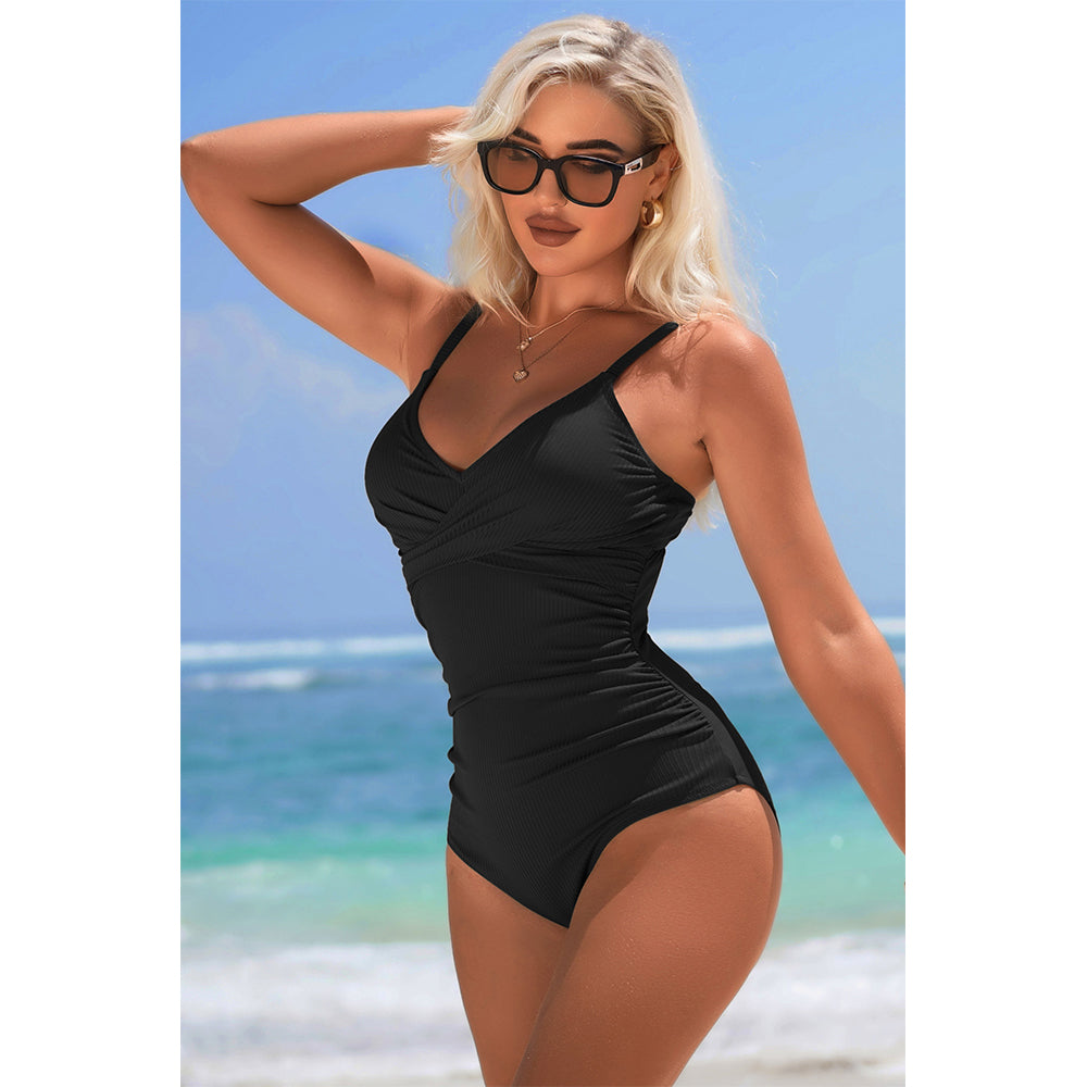 Charmo Women's Cross-Front Ruched One-Piece Swimsuit Back Cutout & Adjustable Clasp Tummy Control Bathing Suit