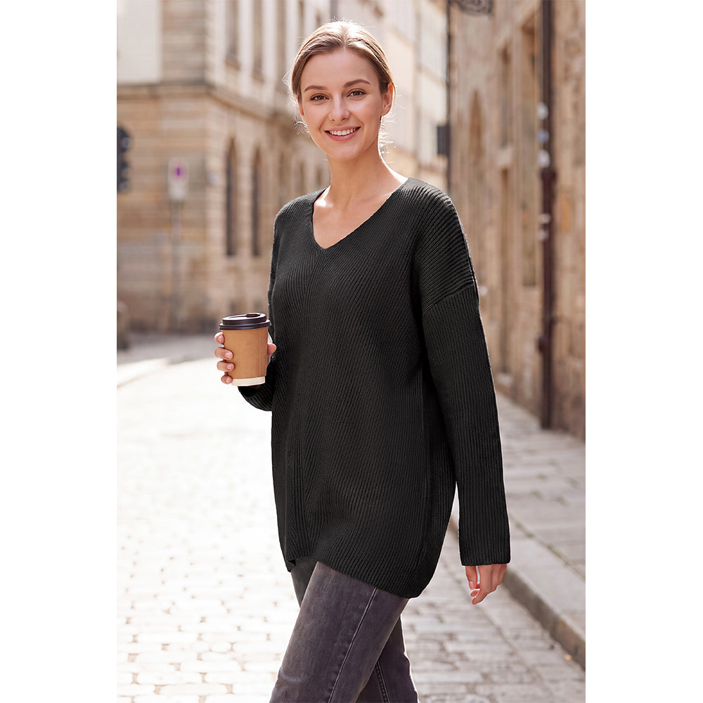 Attraco Women's Oversized V Neck Tunic Sweater Long Sleeve Ribbed Knit Pullover Casual Fall Winter Soft Cozy Top