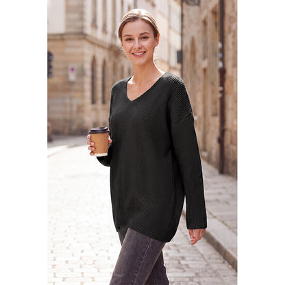 Attraco Women's Oversized V Neck Tunic Sweater Long Sleeve Ribbed Knit Pullover Casual Fall Winter Soft Cozy Top