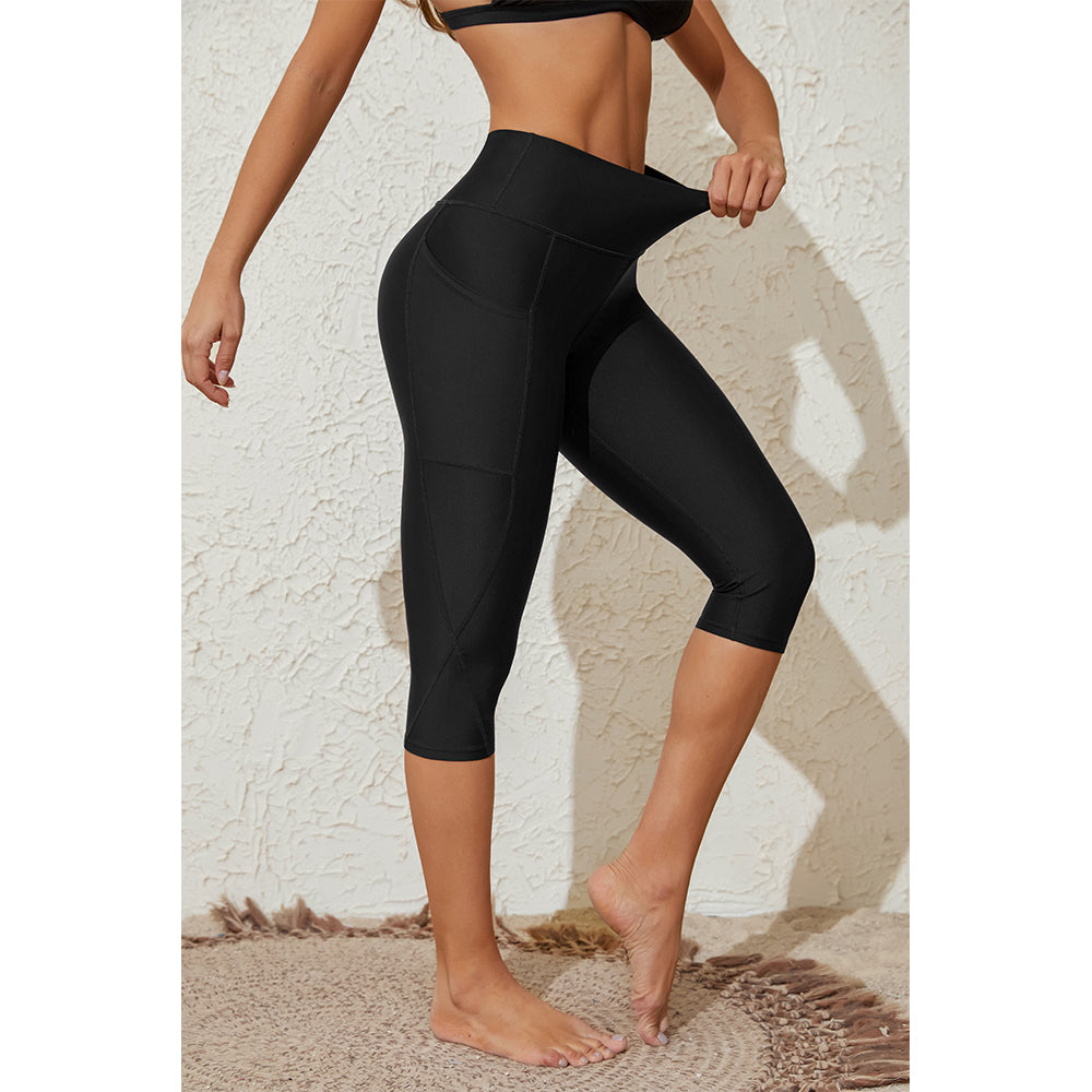 Charmo Women's High Waisted Capri Swim Leggings with Two Side Pockets Swim Shorts Swimming Leggings