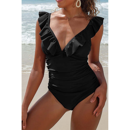 Charmo Women's Ruffled V Neck Ruched Bodice Adjustable-Strap One-Piece Swimsuit Tummy Control Bathing Suit
