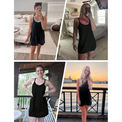 Attraco Women Spaghetti Strap V Neck Hot Shot Mini Dress Built In Shorts Pockets Tennis Workout Athletic Romper Dress