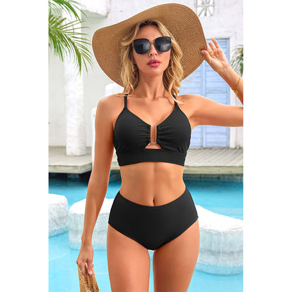 Charmo Women's Ribbed U-bar Cutout High Waisted Two Piece Bikini Set