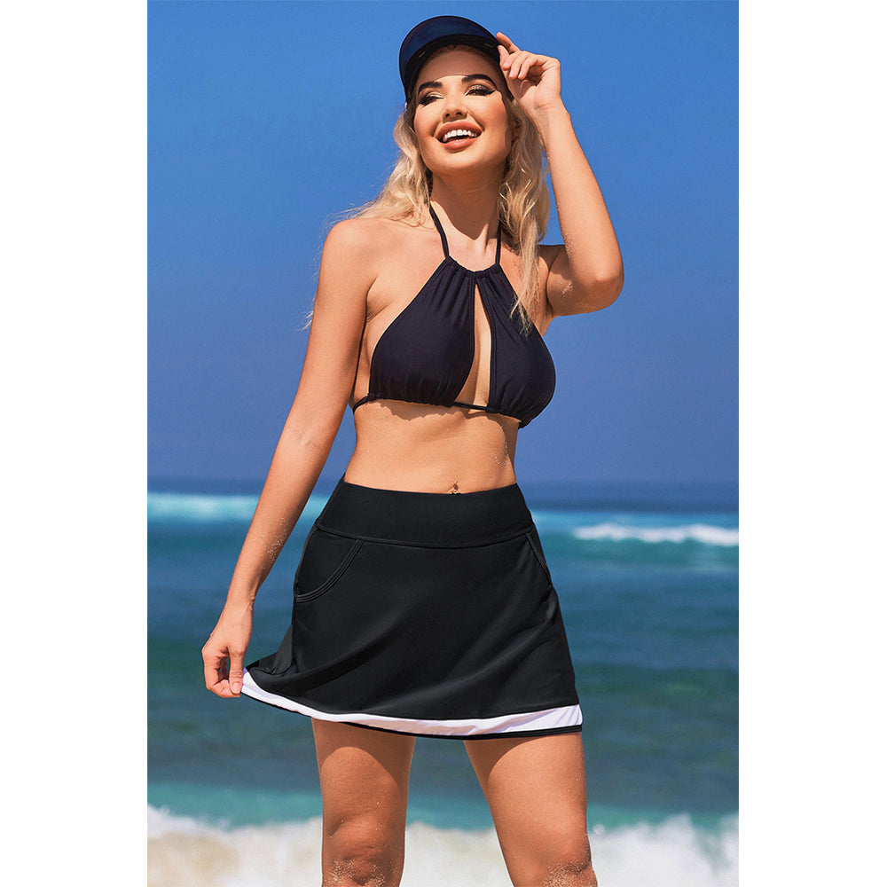 Charmo Women's High Waisted Swim Skirt with Side Pockets Contrast Trim and Built-in Briefs