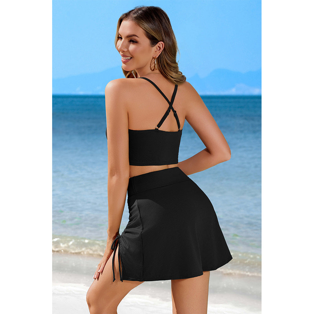 Women's Ribbed Sporty Two-Piece Swim Set with Crop Top & Flared Skirt Bottom Bikini Set