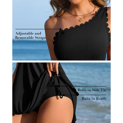 Charmo Women's Ribbed One Shoulder Swim Dress Scalloped Tummy Control Swimsuits With Built-in Side Tie and Briefs