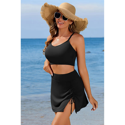 Women's Ribbed Sporty Two-Piece Swim Set with Crop Top & Flared Skirt Bottom Bikini Set
