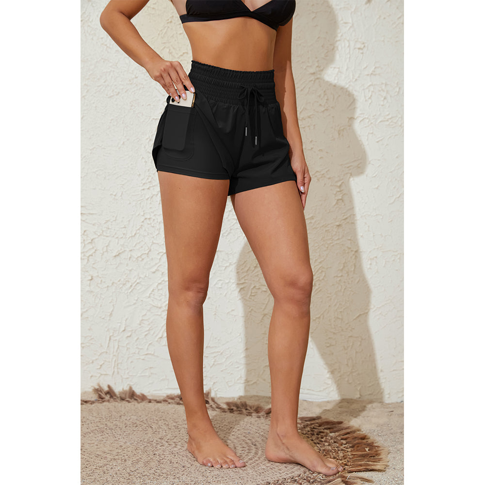 Charmo Women's High Waisted Smocked Drawstring Swim Shorts with Side Pockets Split Hem and Built-in Briefs Board Shorts