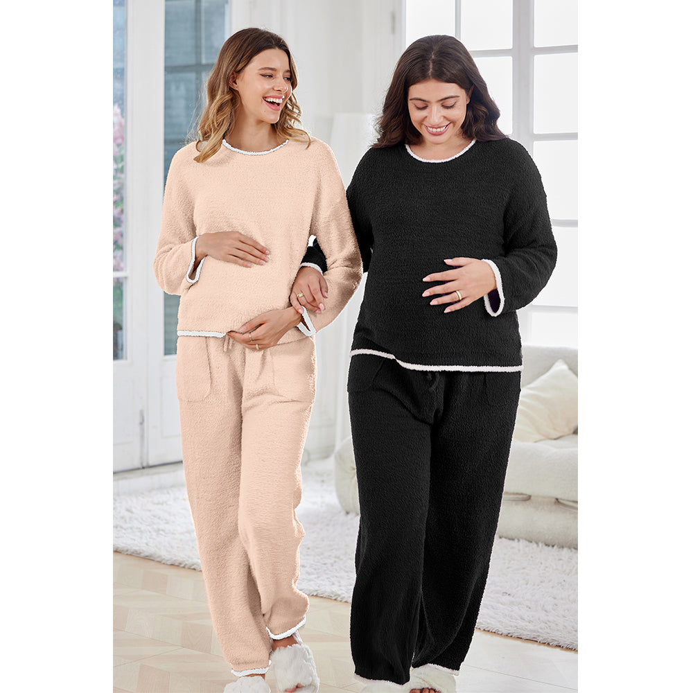 V For City Pajamas Fleece 2 Piece Postpartum Lounge Set Maternity Comfy Pockets Color Block Long Sleeve Cozy Winter