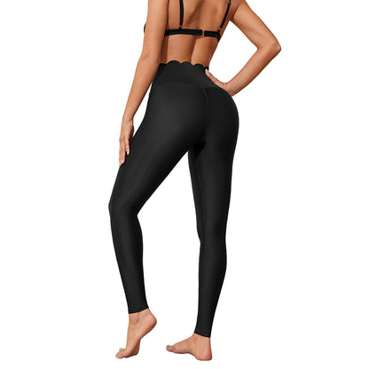 Charmo Women's High Waisted Scalloped Edge Swim Leggings with Full Length Coverage Swim Pants