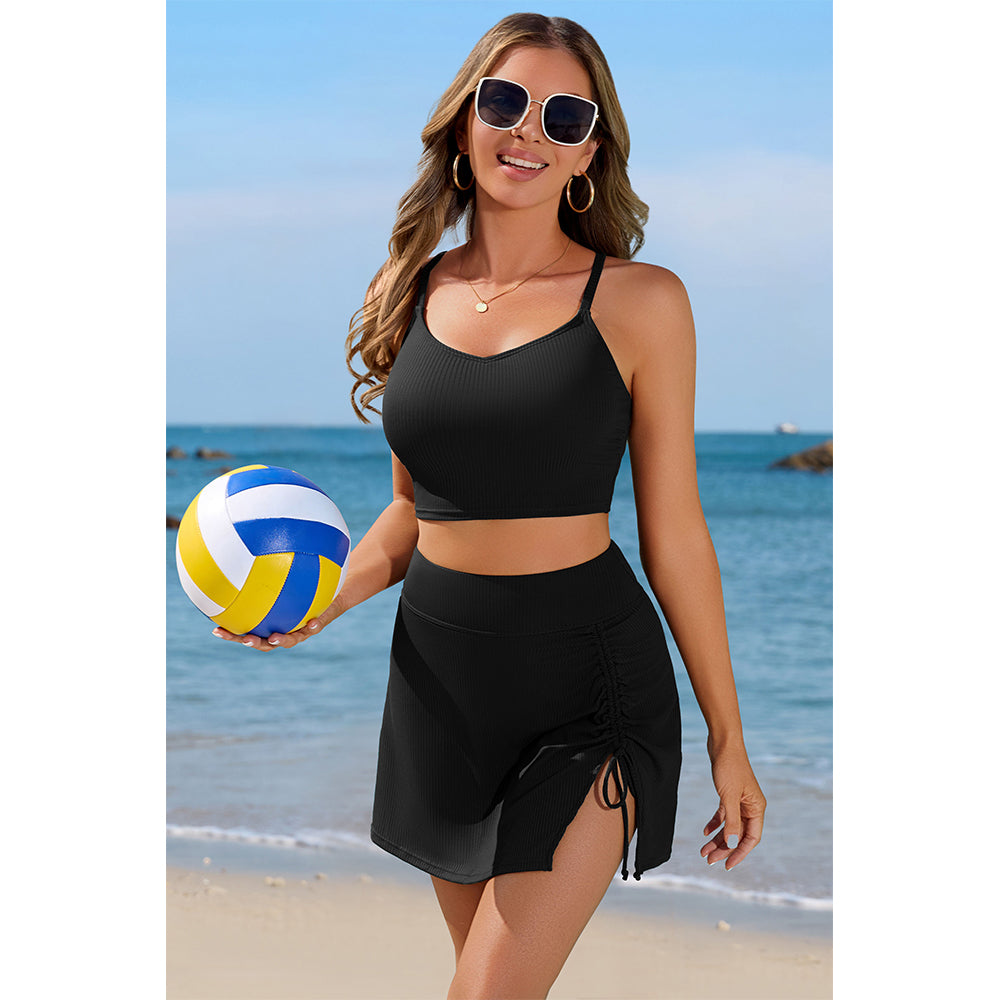 Women's Ribbed Sporty Two-Piece Swim Set with Crop Top & Flared Skirt Bottom Bikini Set