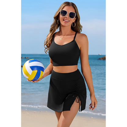Women's Ribbed Sporty Two-Piece Swim Set with Crop Top & Flared Skirt Bottom Bikini Set