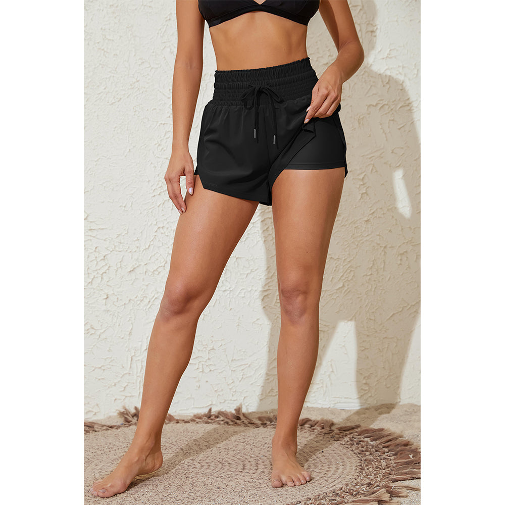 Charmo Women's High Waisted Smocked Drawstring Swim Shorts with Side Pockets Split Hem and Built-in Briefs Board Shorts