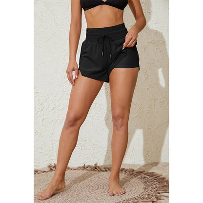 Charmo Women's High Waisted Smocked Drawstring Swim Shorts with Side Pockets Split Hem and Built-in Briefs Board Shorts