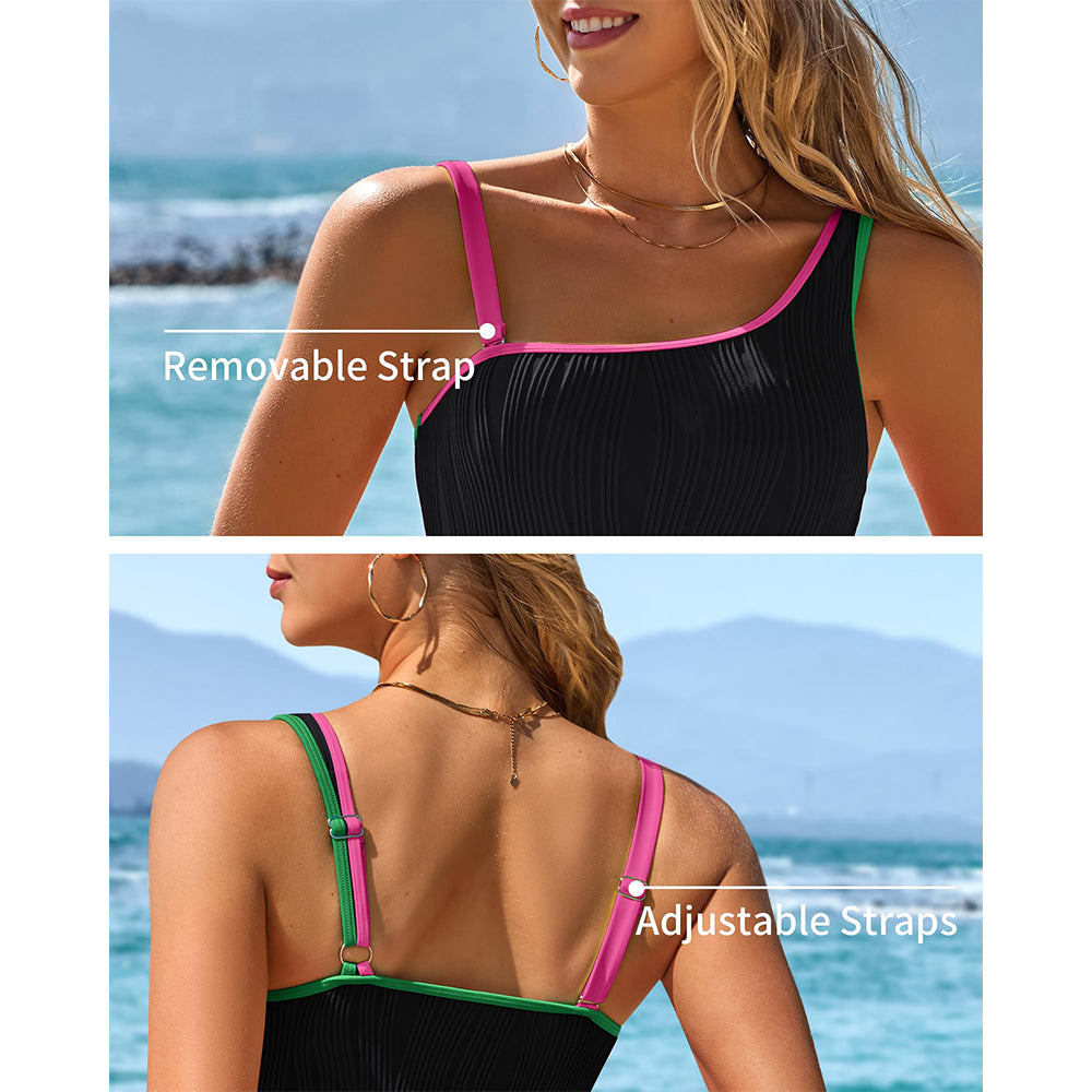 Charmo One Piece Swimsuit for Women One Shoulder Modest Bathing Suits Color Block Neon Swim Suit Slimming Swimwear 2026