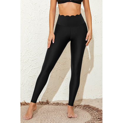 Charmo Women's High Waisted Scalloped Edge Swim Leggings with Full Length Coverage Swim Pants