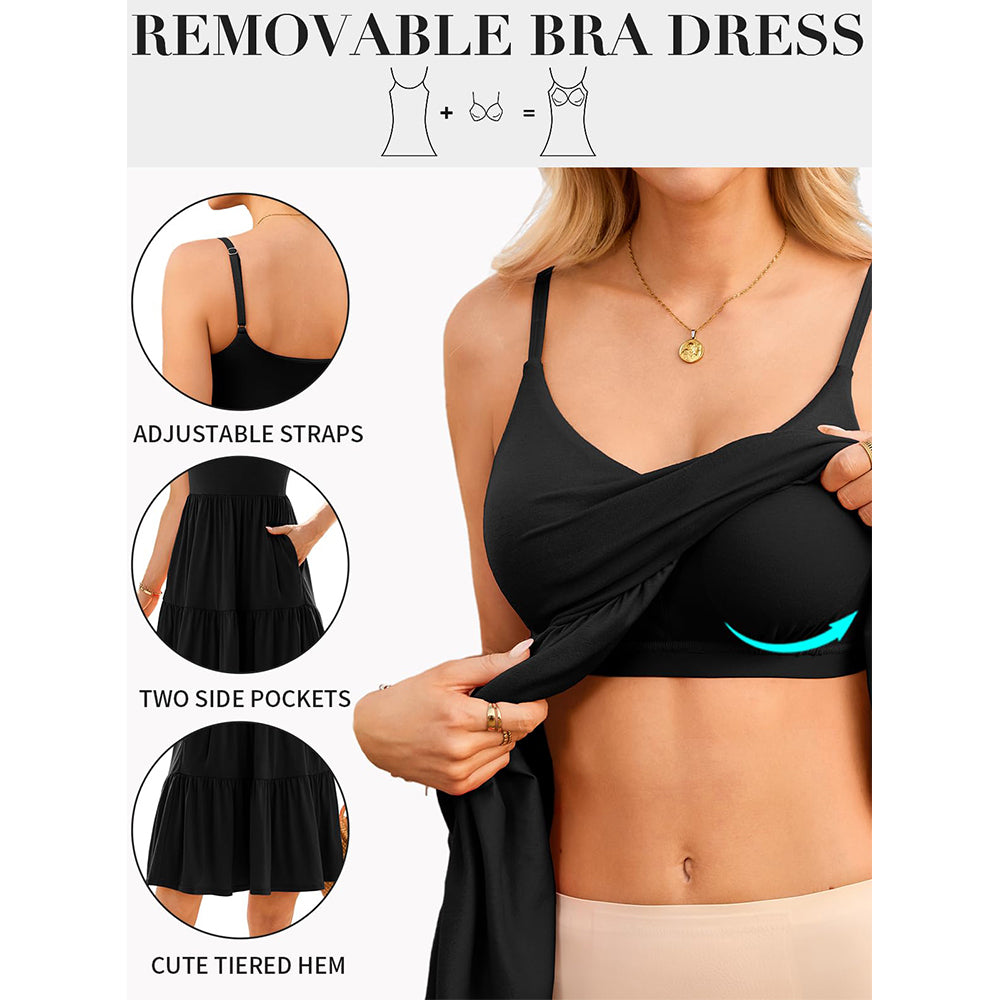 Attraco Womens Built-in Bra Cami Dresses with Pockets Adjustable Strap V Neck Tiered Summer Vacation Dress 2026